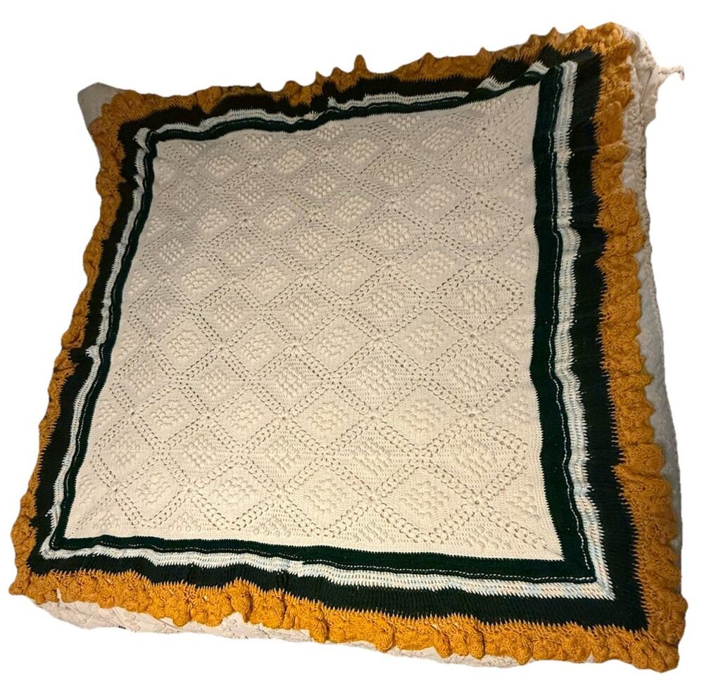 Handmade Large Crochet Afghan Geometric Ruffled White Green Yellow